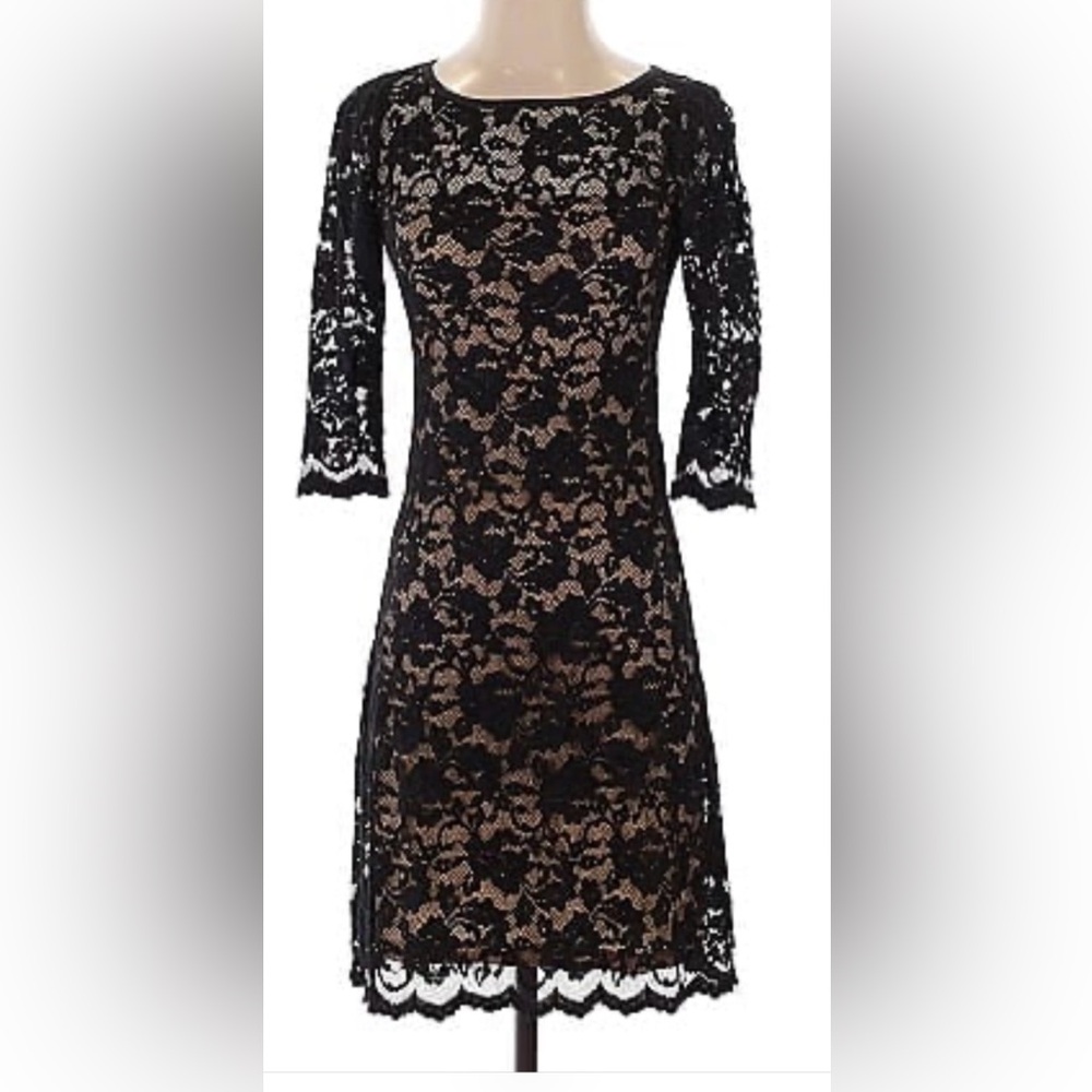 Karen Kane Black and Tan Sheath Dress 3/4 Cuffed Sleeves